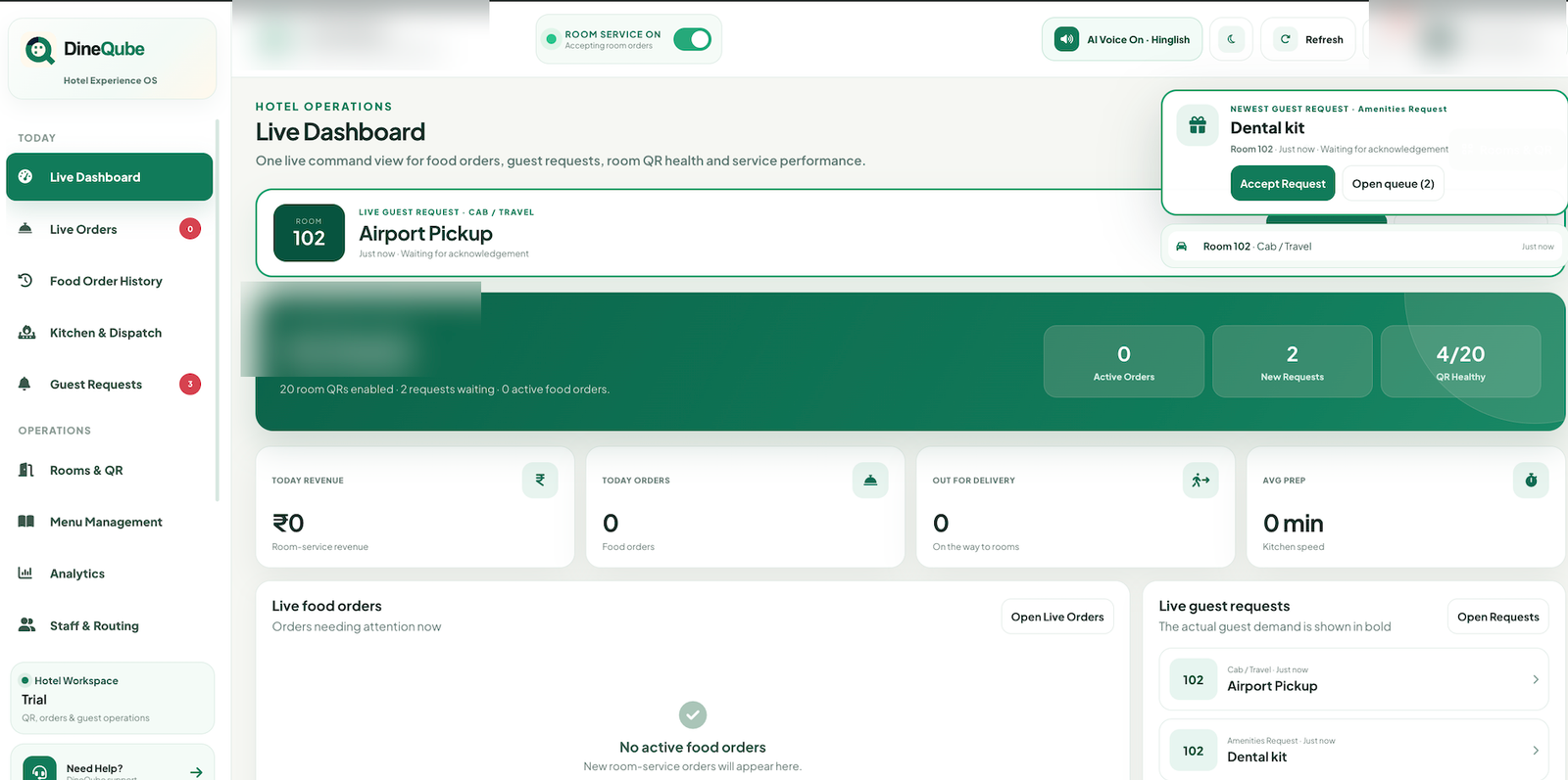 DineQube hotel operations dashboard