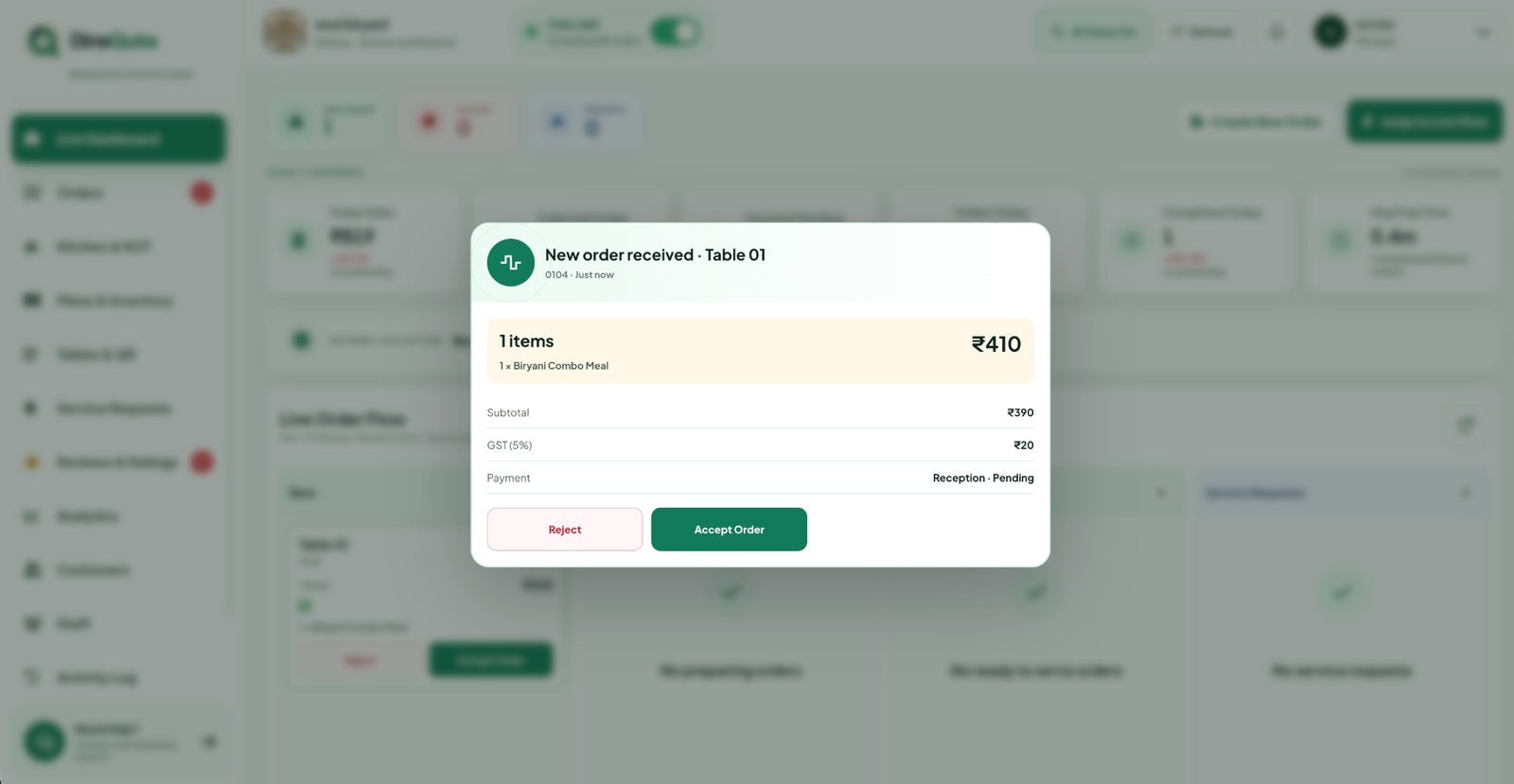 DineQube restaurant live operations dashboard